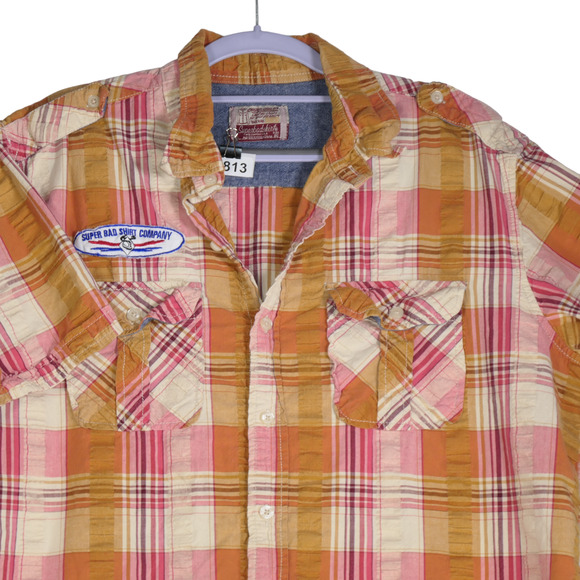 SBS Super Bad Shirt Button Up Mens XL Top Mustard Seersucker Flap Pockets Top - Picture 2 of 12